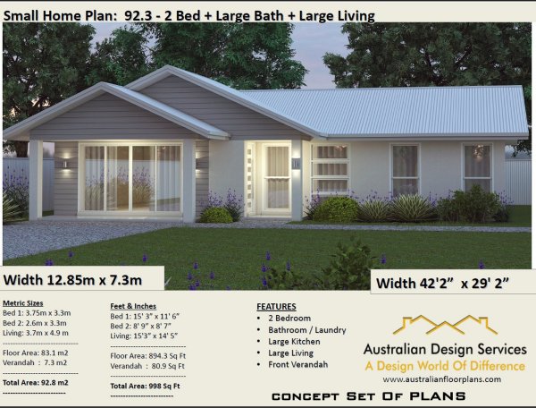 2 Bed + 3 Bath Small House Plan