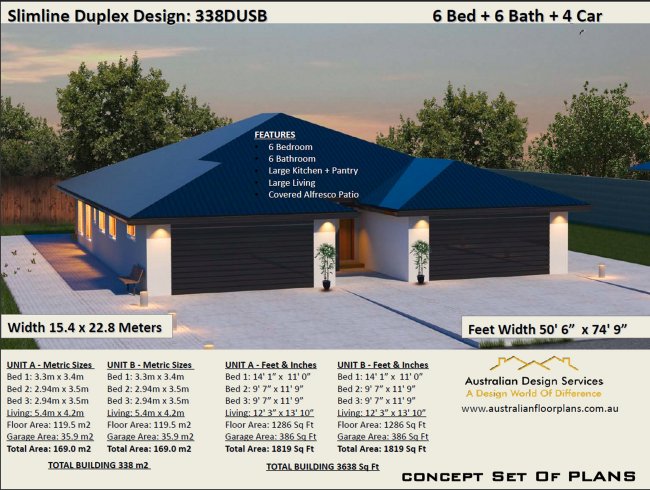 6 Bedroom 6 Bathroom Duplex House Plans:338DUSB