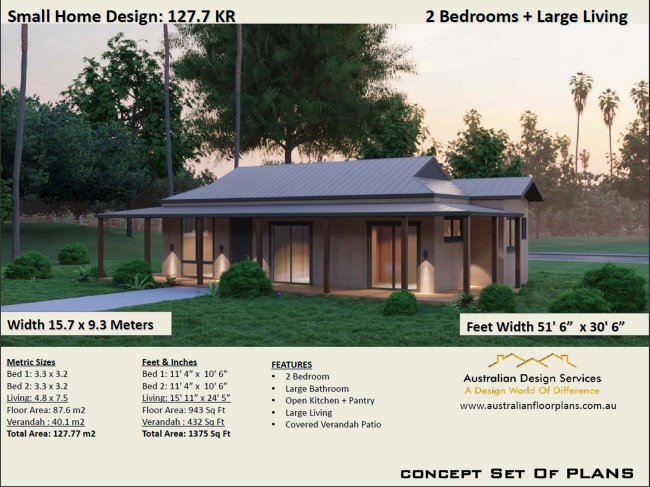2 Bedroom Small Ranch Style House Plan