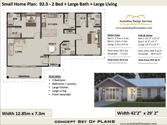 2 Bed + 3 Bath Small House Plan