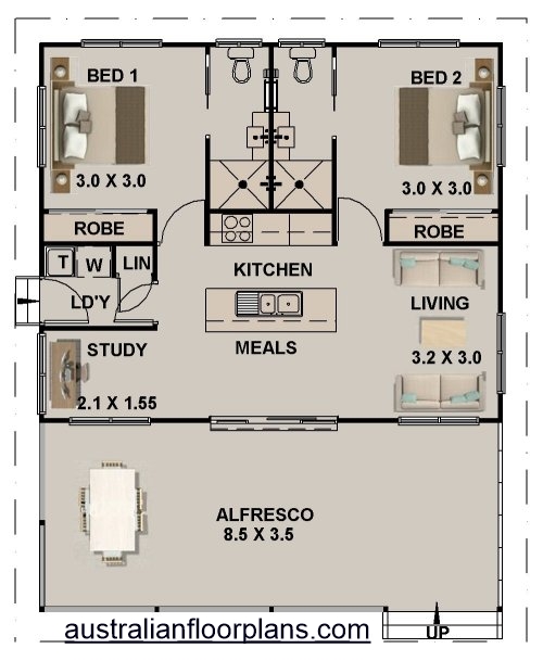 2 Bed + Study Granny Flat House Plan
