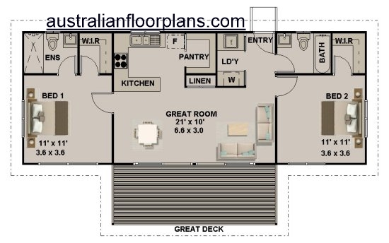 2 Bedroom + 2 Bath House Plan:93.6