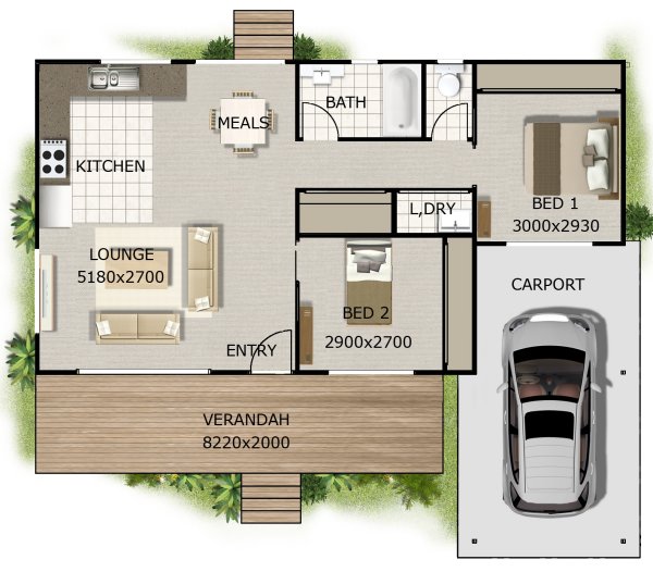 2 Bed + Carport House Plan:102KR