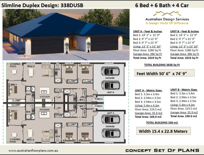 6 Bedroom 6 Bathroom Duplex House Plans:338DUSB