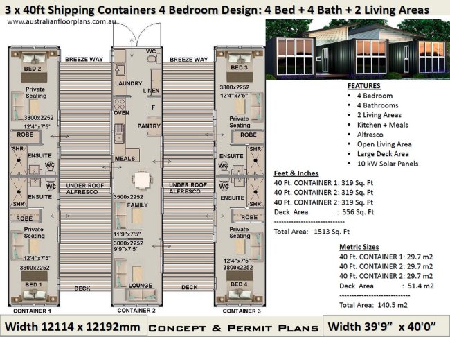 4 Bedroom Shipping Container House Plan:89.1